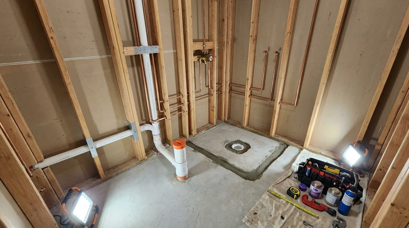 Bathroom rough-in plumbing during remodel by Johns Plumbing LLC in Saint Michaels