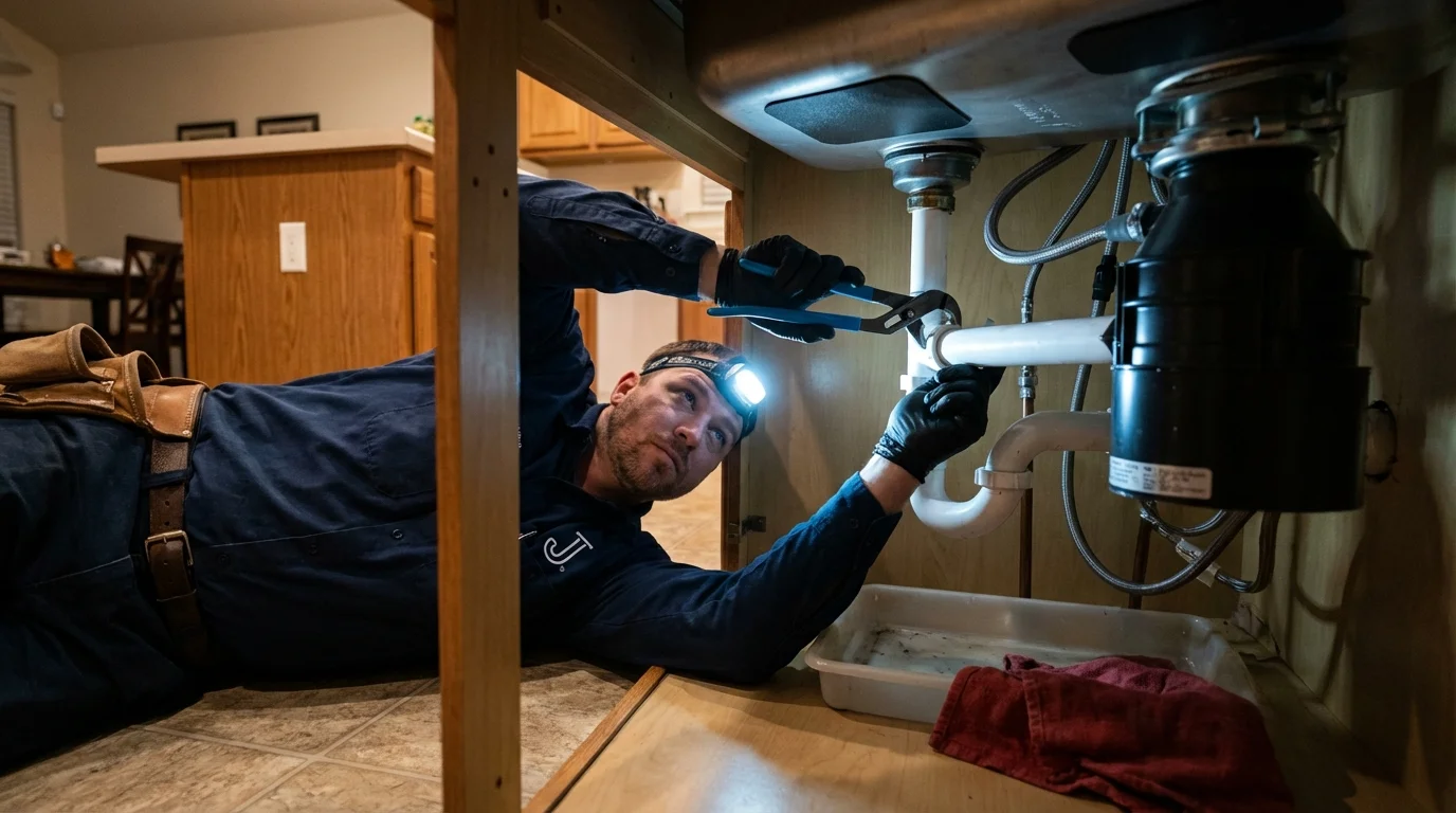 P-trap and supply line connections under a kitchen sink showing a common leak point in Saint Michaels, AZ